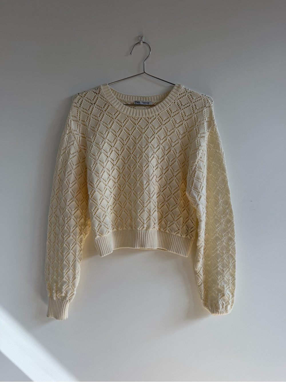 Zara Cream Open-Knit Diamond Crewneck Sweater